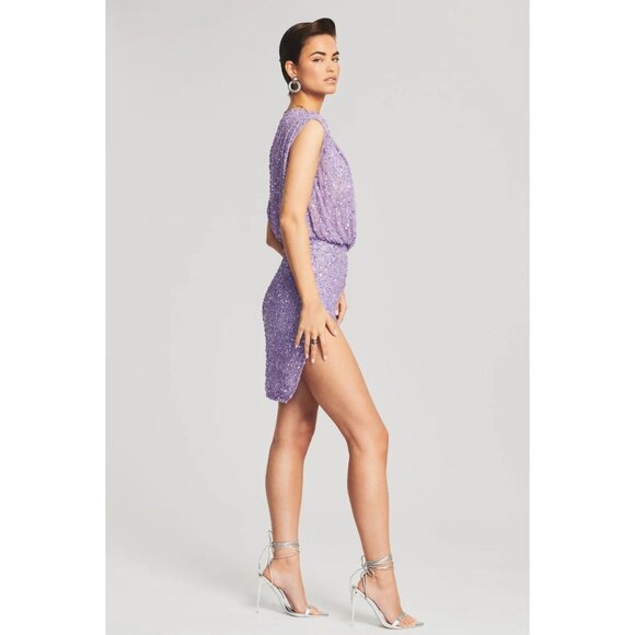 NWT Retrofete Jean Sequin Dress Lavender Purple Beaded Mini Off-Shoulder Medium - Picture 3 of 16